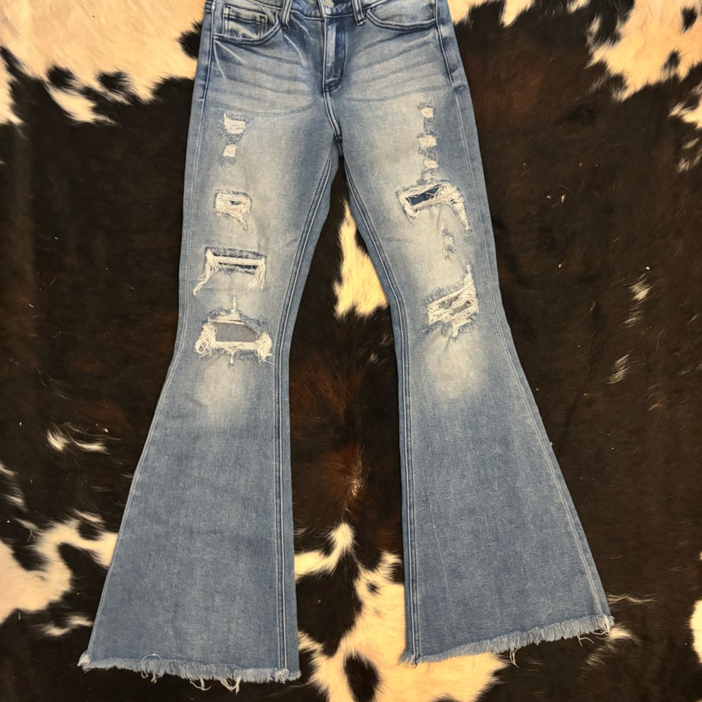 KanCan Blue Flare Wide Leg Jeans with Distressing and Frayed Hems